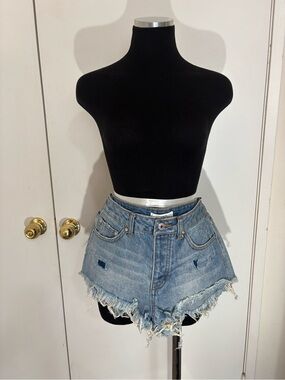 F21 Distressed High-Waist Denim Shorts - Light Blue